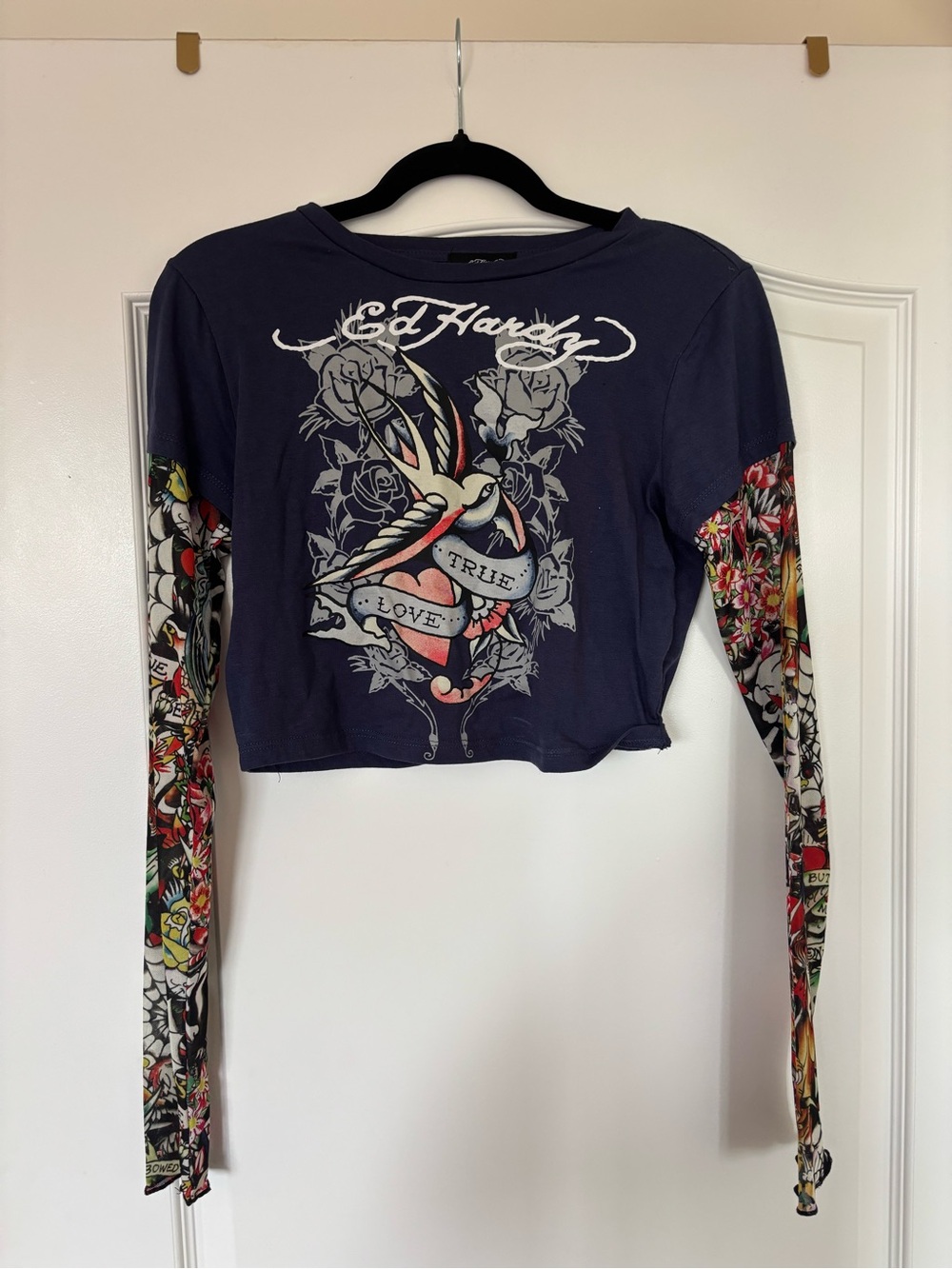 Ed Hardy Navy Cropped Long-Sleeve Graphic Tee with Multicolor Tattoo Sleeves